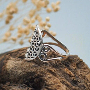 Ring mit Blume des Lebens Symbol mit außergewöhnlichen Ringband, 925 Sterlingsilber