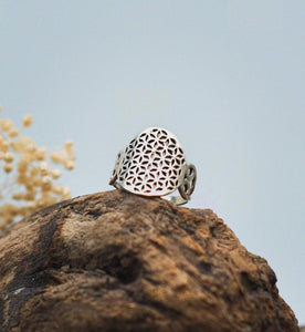 Ring mit Blume des Lebens Symbol mit außergewöhnlichen Ringband, 925 Sterlingsilber