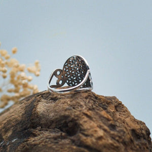 Ring mit Blume des Lebens Symbol mit außergewöhnlichen Ringband, 925 Sterlingsilber