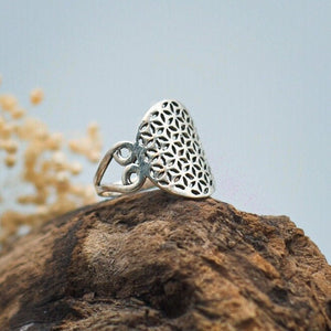 Ring mit Blume des Lebens Symbol mit außergewöhnlichen Ringband, 925 Sterlingsilber