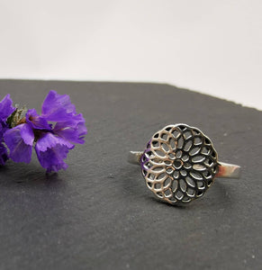 Silberring mit Blumen Mandala Design, 925 Sterlingsilber